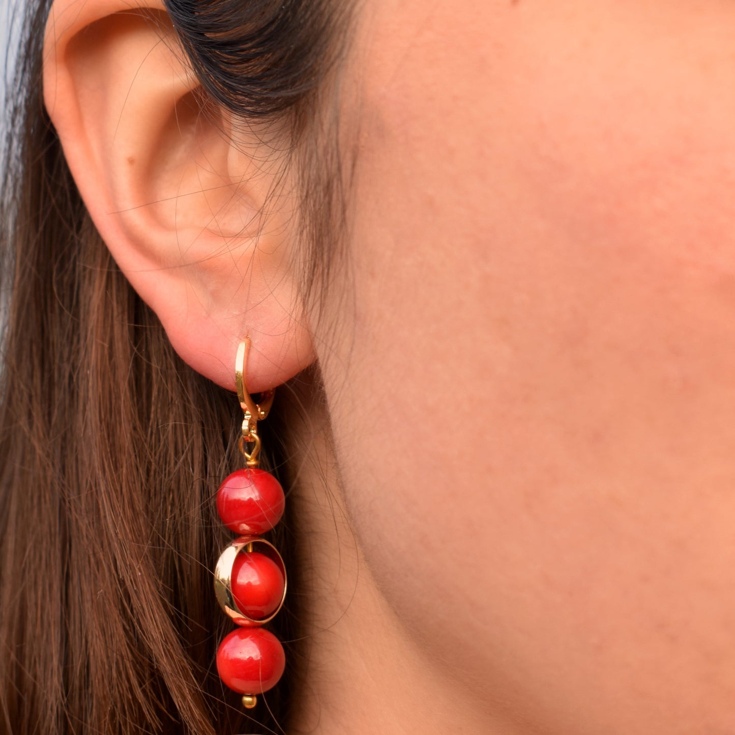 Coral gemstone asymmetric gold huggie earrings | by Ifemi Jewels Ifemi Jewels