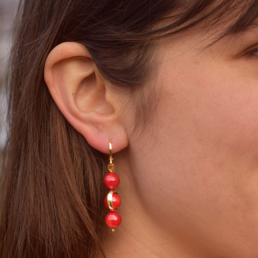 Coral gemstone asymmetric gold huggie earrings | by Ifemi Jewels Ifemi Jewels