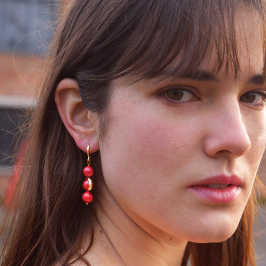 Coral gemstone asymmetric gold huggie earrings | by Ifemi Jewels Ifemi Jewels
